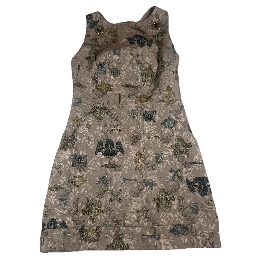 Eureka Dress Womens 46 Beige Jacquard Heart‎ Back Lock Key Mini Sheath Italy